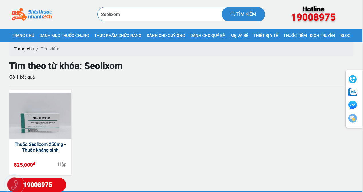 Mô phỏng kết quả tìm kiếm sản phẩm “Seolixom” trên sàn giao dịch